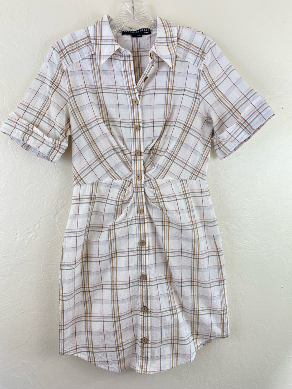 Veronica Beard Size Medium White & Tan Plaid Print Button Down Ruched Midi Dress